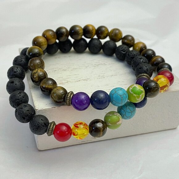 Hamoery Set of 2 Chakra Bracelets Lava Rock & Tiger Eye - Picture 1 of 16